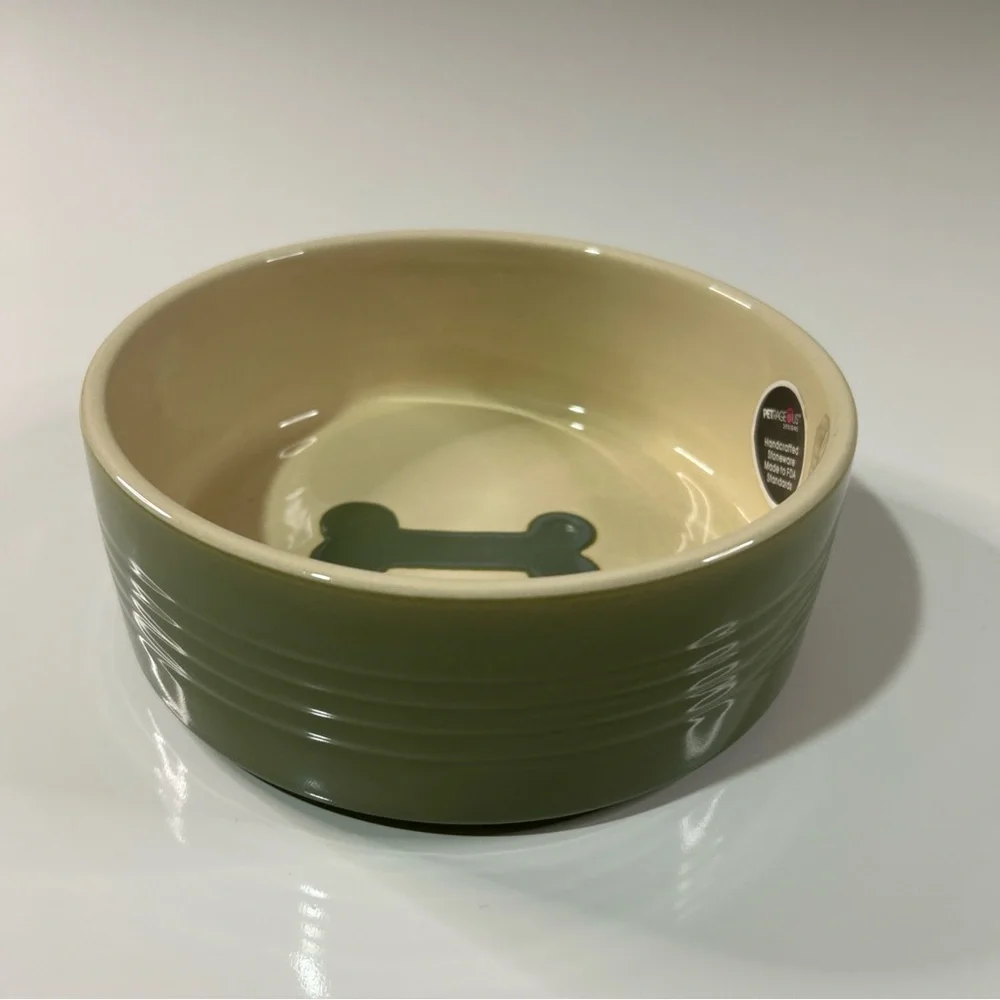 Petrageous Dog Pet Bowl Feeding Water Stoneware Green Ivory Dishwasher
